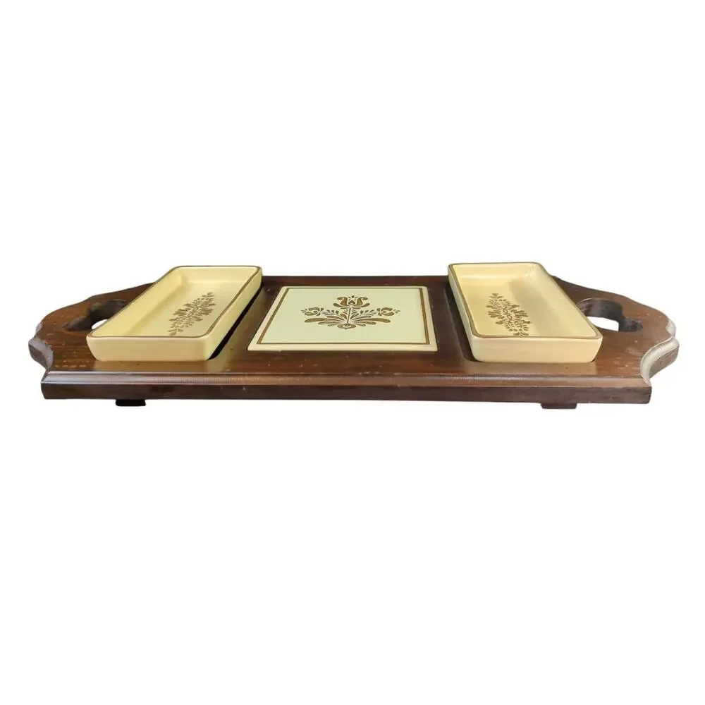 Vintage Pfaltzgraff Village Wood & Ceramic Party Server Relish Tray Cheese Board